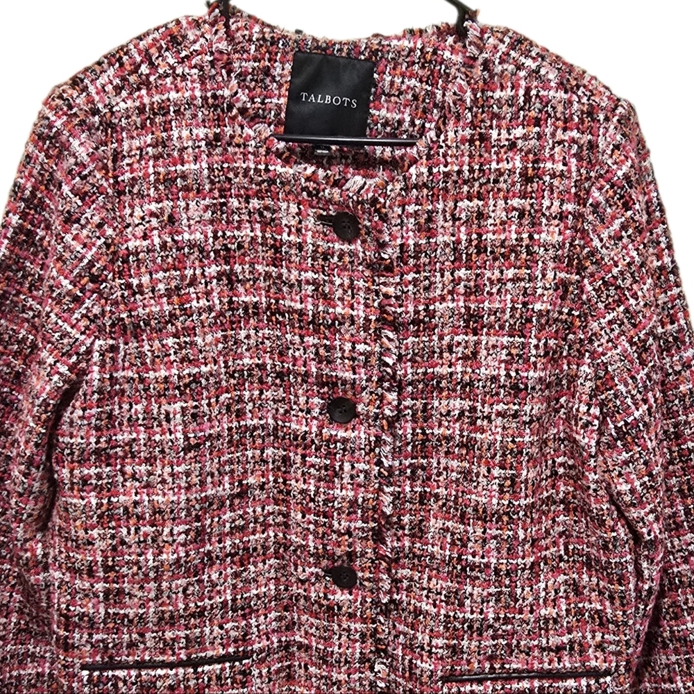 Talbots Pink Pinewood Tweed Wool Blend Coat With Frayed Edges Size 12 - Picture 4 of 13